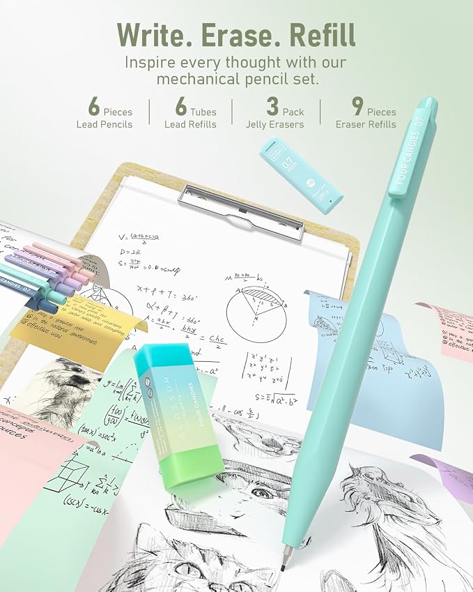 Four Candies School Supplies with Cute Pencil Case, 39ct, Green | Back to School Stationery Set, Essentials for College & Nursing Students, 5 Gel Pens, 6 Mechanical Pencils, 12 Highlighters