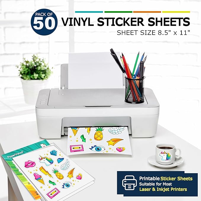Premium Printable Vinyl Sticker Paper for Inkjet and Laser Printer - 50 White Matte Sticker Paper Waterproof - Excellent Adhesion Paper 8.5 x 11, Fast Dry, Holds Ink Well, Great for Cutting Machines