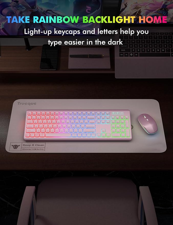 Wireless Keyboard and Mouse Combo, RGB Backlit, Trueque KM42Pro | RGB Rainbow Backlit, Rechargeable Keyboard Mouse, Sleep Mode, 2.4GHz Wireless, Silent Soft Typing, USB-C Adapter