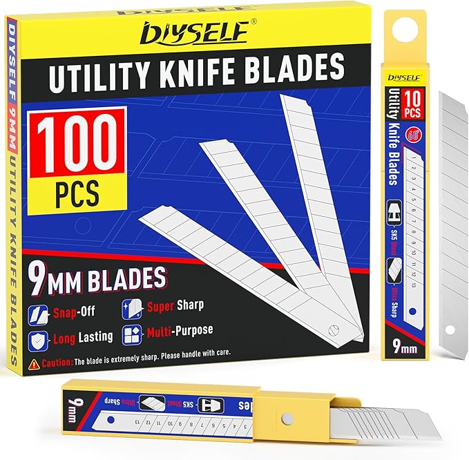 DIYSELF 100 Pack Utility Knife Blades, 9mm Box Cutter Blades Refills (60°) | Bulk Refill Supply, Box Cutter Replacement Blades for Cartons, Paper & Warehouse Use, High Carbon Steel