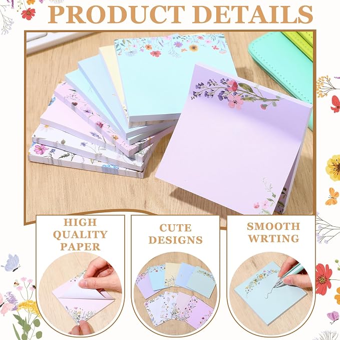 9 Pads Wildflower Sticky Notes, 3x3 Inch Cute Stick Notepads | Adhesive Memo Notes Pad, Coworker Gifts, Office Supplies Decor, Desk Accessories for Students, Teacher, Meeting