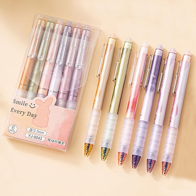 MOZXIRZ 6 Pcs Erasable Gel Ink Pens Retractable Pens 0.5mm Blue Ink Pen Office School Supplies Cute Aesthetic Pen (Blue Ink-Colorful)