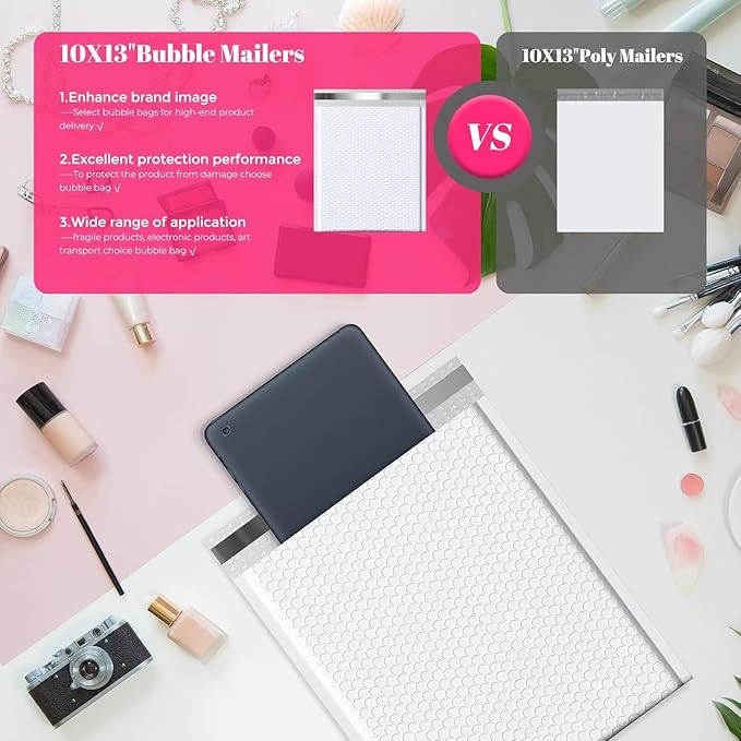 Metronic Bubble Mailer Bulk 10x13" White 500Pack Waterproof Padded Envelopes Self Seal Large Bubble Mailers Cushioning Bubble Envelopes for Shipping,Books,Jewelry Makeup Supplies