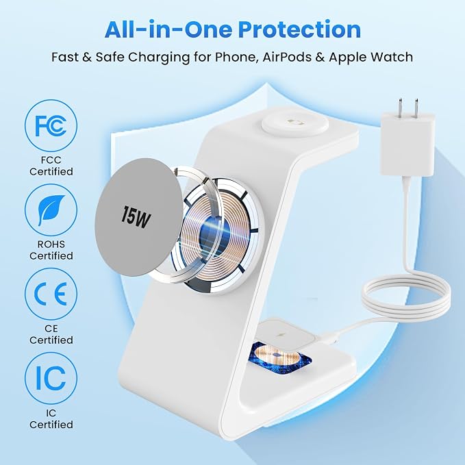 Magnetic Wireless Charging Station for iPhone: 3 in 1 15W Fast Charging for iPhone 17-12, Apple Watch & AirPods, N52 Magnets & 30W Adapter Included (Office/Bedside/Desk)