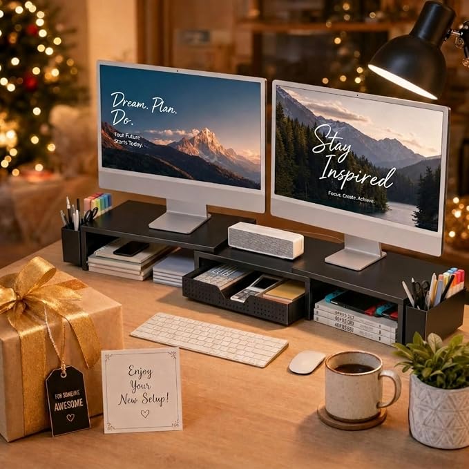 Desk Organizers and Accessories, Dual Monitor Stand Riser with Drawer and 2 Pen Holders, Desk Shelf Computer Racks for Office Workspace Organizers, Desktop Organization (Black)