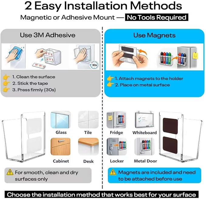 Acrylic Whiteboard Marker Holder, Magnetic or Adhesive Mount Marker Organizer for Fridge, Classroom and Office, Clear Dry Erase Marker Storage, Holds 8+ Markers