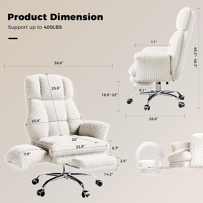 Big and Tall Office Chair, Flip Armrests for Pets & Cross Legged Sitting | Executive Ergonomic Computer Gaming Chair with Foot Rest, White Rose Velvet Wide Seat Reclining Desk Chair