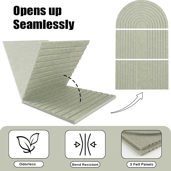 Large Arched Felt Bulletin Board, Sage Green Stylish Sized 36" x 24" Cork Board Alternative with Grooved Pin Board for Office & Wall, 3 Foldable Customizable Adhesive Tiles with Pins for Photo Display