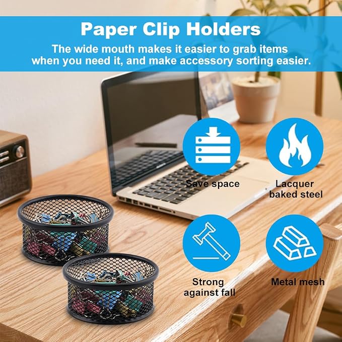 2 Pack Mesh Paper Clip Holder for Desk Office ﻿Organizer | 3.54*1.57inch Paperclip Holders for Desk,Wire Mesh Bowls Paper Clips Holder,Paper Clip Dispenser,Paper Clip School Organizer