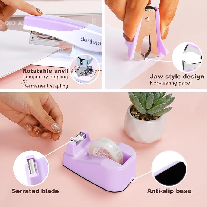 Purple Desk Accessories Set for Women, Stapler and Tape Dispenser Set with Scissor, Staple Remover, Clips & Tabs, Cute Office Supplies Kit for Desk Organization, School, Home & Office, Gift Idea