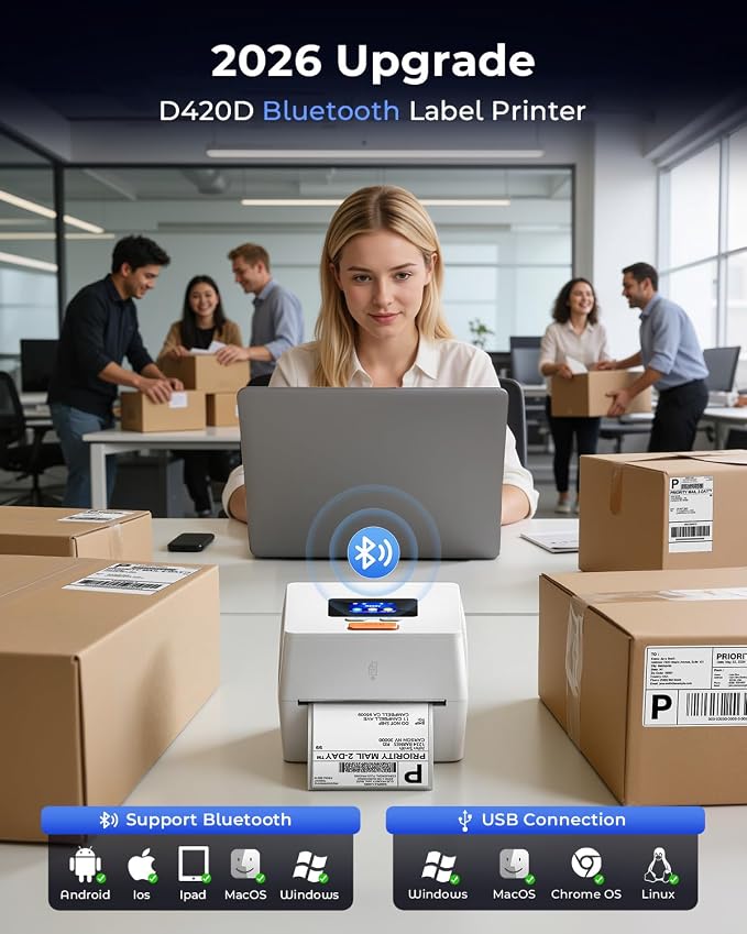 Phomemo Thermal Label Printer with Touchable Screen, 4x6 Bluetooth Shipping Label Printer with Built-in Label Holder, D420D White Thermal Printers for Small Business, Compatible with USPS, Tiktok