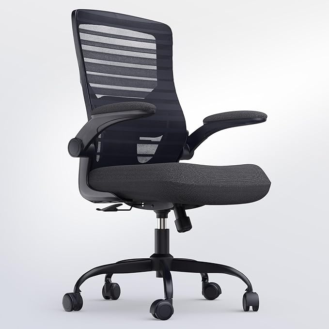 Office Desk Chair for Long Hours & Lower Back Pain Relief – 4“ Thick Molded Foam Cushion, Enhanced Lumbar Support, Padded Flip-up Armrests, Ideal for Office or Study (Black)