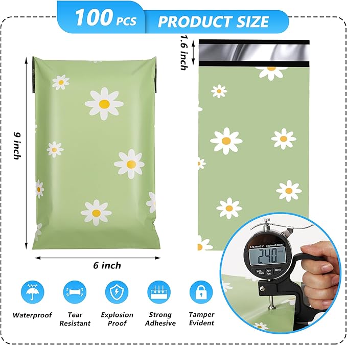 Poly Mailer 6x9 Inch 100 Pcs, Waterproof and Tear-Resistant Shipping Bags for Clothing, Cute Self-Seal Mailing Bags with Chrysanthemum Printed Packaging for Small Business