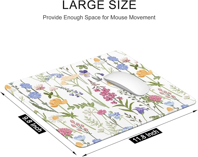 Auhoahsil Mouse Pad, 12 x 10 in Simple Flower Theme Computer Mouse Pad for Desk, Premium-Textured Non-Slip Rubber Stitched Edges Waterproof Square Mouse Mat for Gaming Work Wireless Mice, White
