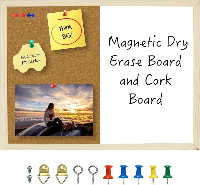 OWLKELA Dry Erase Cork Board, 16.5"x12.6", Wooden Frame | Bulletin Board, with Mounting Hardware, Push Pins included, Ideal for Office, Classroom or Home.