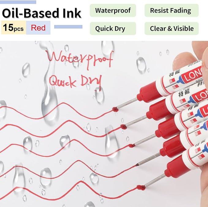 15 Pcs Long Nib Marker, 20 mm Long Head Deep Hole Marker Pens, Fine Nose Tip Deep Reach Permanent Paint Markers for Metal, Marking Pen for Drilling, Carpenter, Woodworking, Construction (Red)