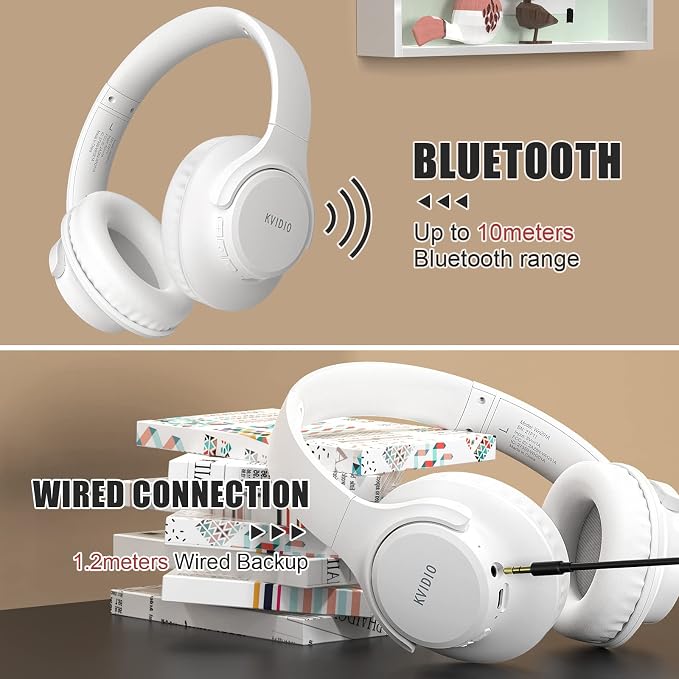 KVIDIO Bluetooth Headphones Wireless Over Ear Headsets 65H Playtime | Deep Bass, HiFi Stereo, Bluetooth 6.0, Microphone, Comfortable Fit, Foldable, Lightweight, Low Latency for Travel Home Office