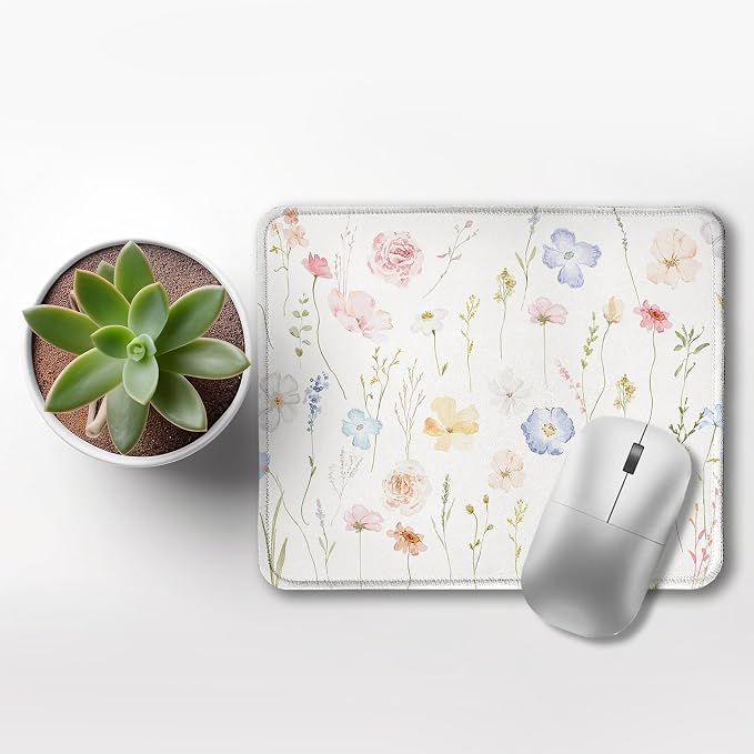 Flower Watercolor Wildflower Mouse Pads for Wireless Mouse Computers Laptop Desk Accessories, Cute Aesthetic Mouse Pad, Desk Supplies for Women Office, 9.5x7.9 Inch