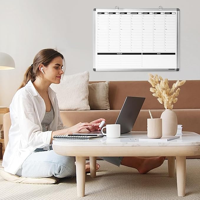 Weekly Dry Erase Board, Weekly Planner whiteboard with Hourly time Slots, Whiteboard Weekly Calendar for Schedule for wall 24" X 18" Double-Sided for Office, Home and School