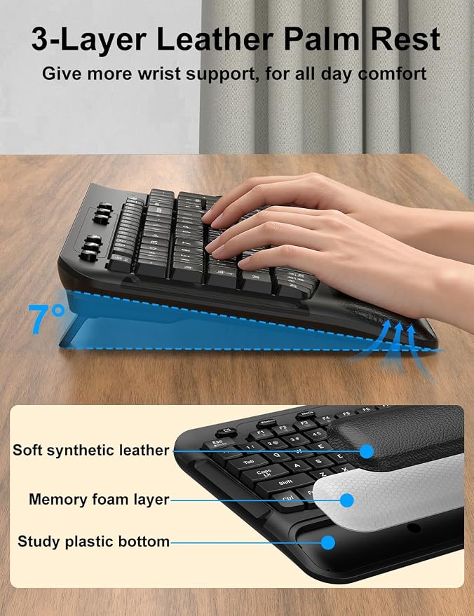 Wireless Keyboard and Mouse Combo, EDJO 2.4G Full-Sized Ergonomic Computer Keyboard with Wrist Rest and 3 Level DPI Adjustable Wireless Mouse for Windows, Mac OS Desktop/Laptop/PC, Carbon Black
