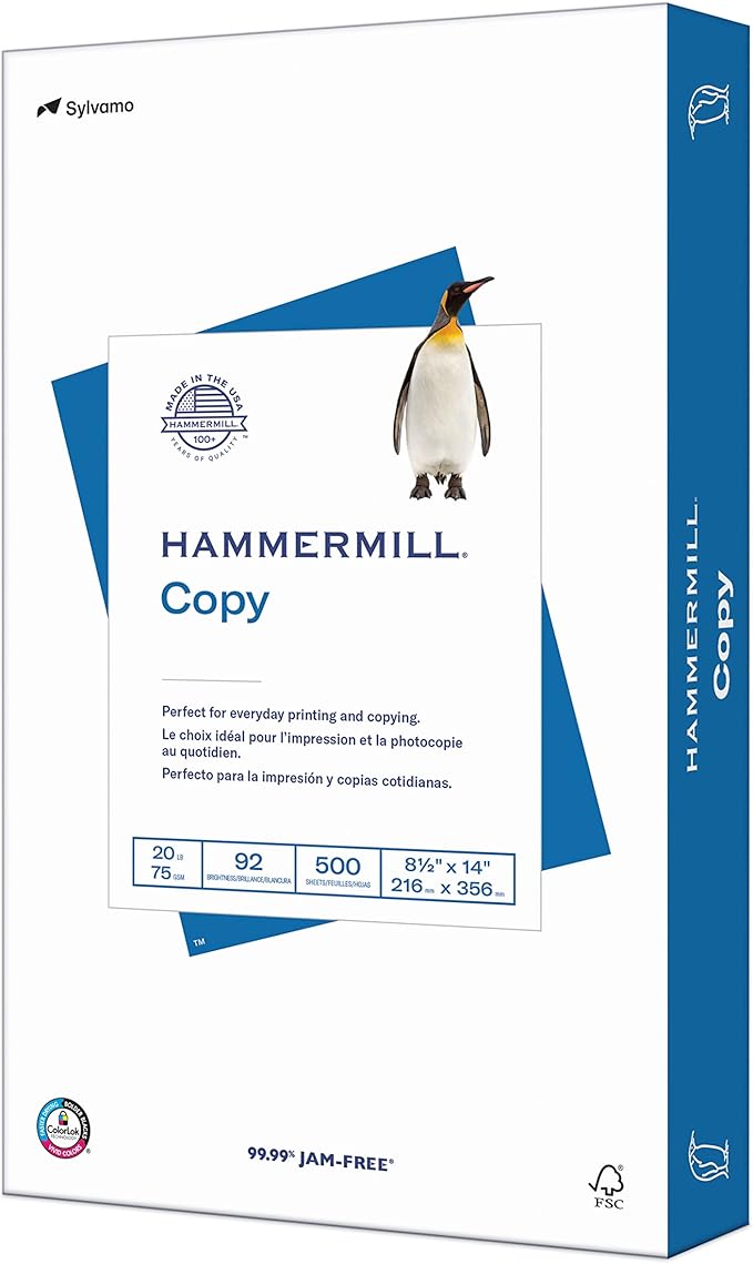 Hammermill Printer Paper, 20 lb Copy Paper, 8.5 x 14-1 Ream (500 Sheets) - 92 Bright, Made in the USA