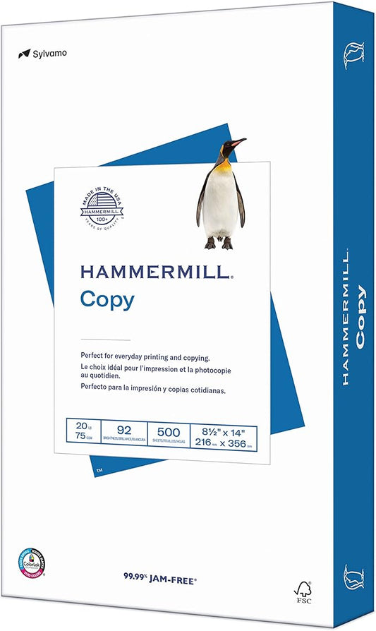 Hammermill Printer Paper, 20 lb Copy Paper, 8.5 x 14-1 Ream (500 Sheets) - 92 Bright, Made in the USA