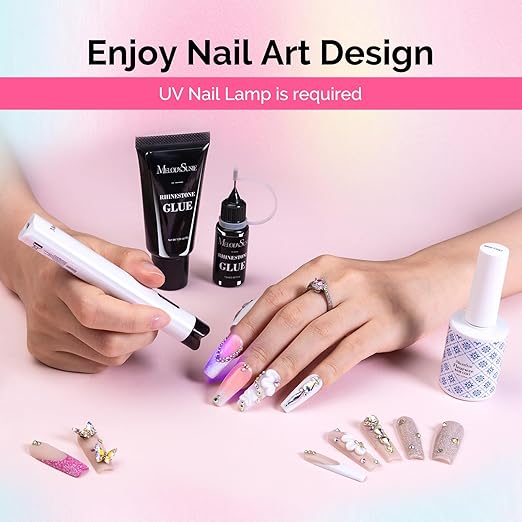 MelodySusie Rhinestone Glue Super Strong Gel Nail Glue for 3D Sculpting Nail Art Design Chrome Powder Decals Decor Need UV/LED Cured 30g