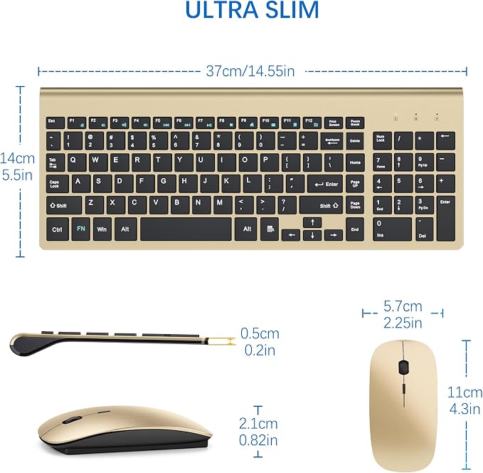 Wireless Keyboard and Mouse Ultra Slim Combo, TopMate - Gold Black | 2.4G Silent Compact 2400DPI Mouse and Scissor Switch Keyboard Set with Cover, Batteries Included, for PC/Laptop/Windows/Mac