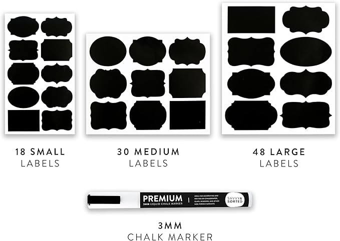 96 Chalkboard Labels for Storage Bins, Chalkboard Stickers with Chalk Maker, Chalk Labels for Kitchen Containers Organizing, Removable Black Food Pantry Jar Label Stickers for Glass Bottles