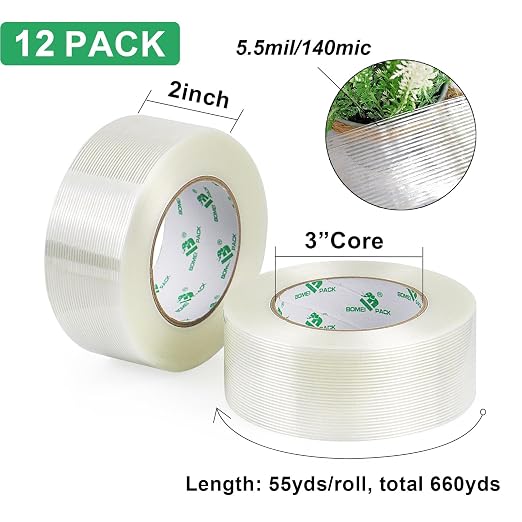 BOMEI PACK 12PACK Reinforced Packing Tape, 5.5Mil 2Inx 55Yds, Heavy Duty Filament Strapping Tape 2inch for Packing Shipping, Moving and Storage, Total 660yds
