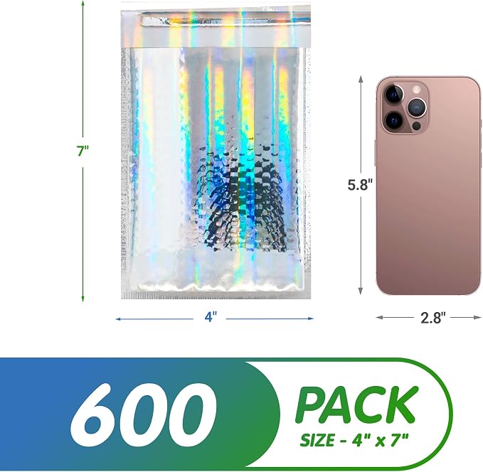 Glamour Metallic Bubble Mailers 4 x 7 Inches Hologram, 600 Pack Padded Envelopes for Shipping, Mailing, Packaging Protection