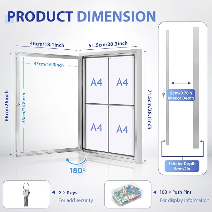 SWANCROWN Enclosed Bulletin Board Outdoor Felt Notice Board, 28x20 in | Weather Resistant, Aluminum frame, Wall Displays Board, With Locking Door, Pin Board, For Office School Business Community
