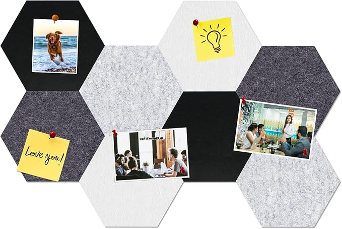 Large Hexagon Felt Cork Board Tiles, Self Adhesive DIY Felt Bulletin Board Pin Board with 35 Pushpins for Office School Home Wall Decor(Black+Deep Grey+Light Grey)