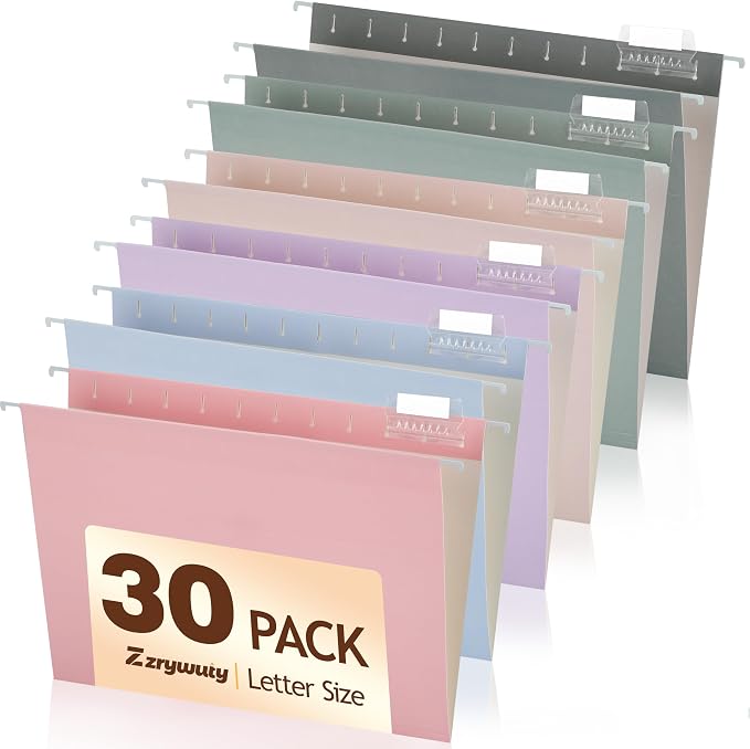 Zzrywuty Hanging File Folders Letter Size, 30-Pack Hanging File Folder with 1/5-Cut Tabs, Pastel File Folders Hanging Organizers for Filing Cabinet, Bulky Files & Medical Charts
