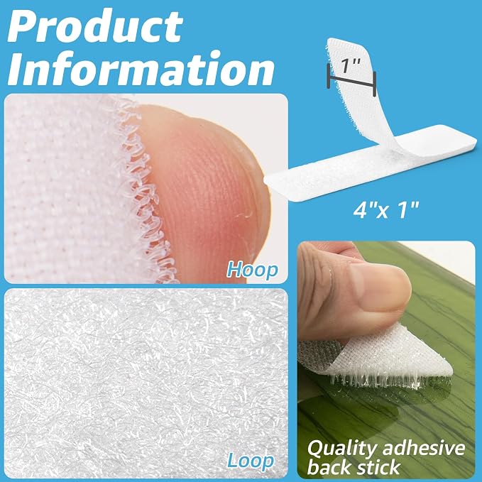 Art3d 40 Sets Hook and Loop Tape, 1"x 4" Sticky Back, Heavy Duty, White | Double-Sided, Adhesive Strip, Nylon, Picture Hanging Strips Fastener for Mounting Hanging, Glass, Tile, Metal, Home, Office