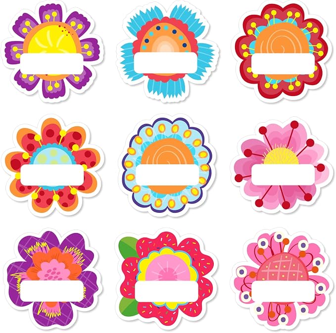 Whaline 90 Pcs Back to School Floral Name Tag Stickers Colorful Funny Flower Shape Nameplates Self-Adhesive Label Decals for Students Desk Classroom, 9 Designs