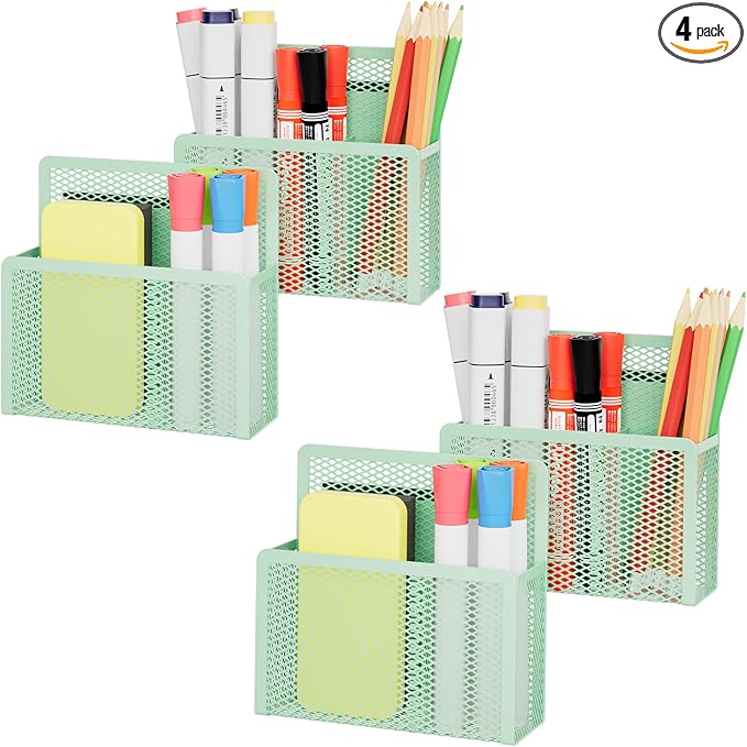 Marbrasse Magnetic Dry Erase Marker Holder, Mesh Pen Holder for Whiteboard，Magnet Pencil Organizer Storage for Refrigerator Locker Accessories Organizer for Home, School and Office (Green 4p)
