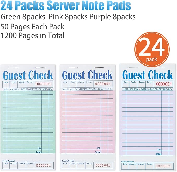 ZPARIK 24 Pack Guest Check Books for Servers, Green Pink Purple | 24 Pack Guest Checks with 50 Sheets Per Book, Multiple Colors, Waitress Notepad for Restaurants, Perfect for Servers