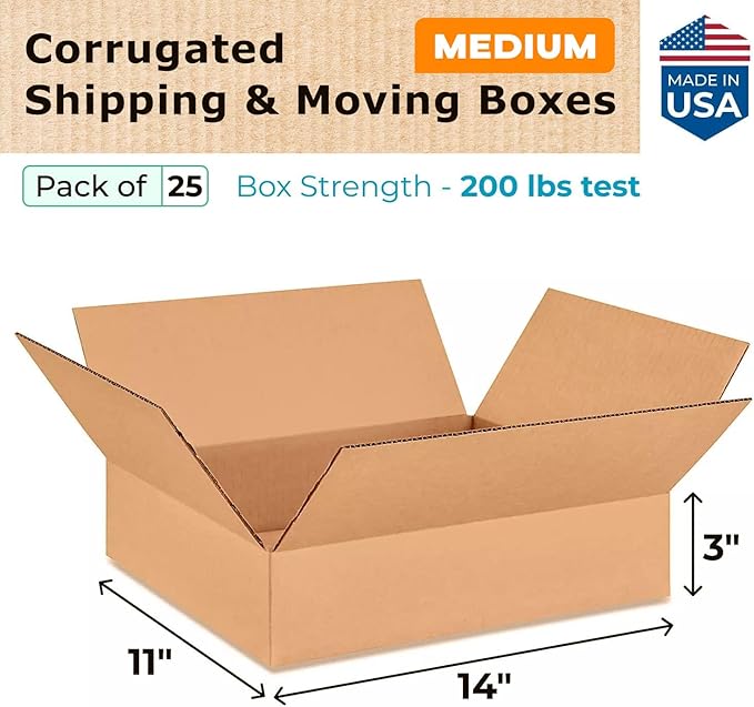Medium Moving & Shipping Boxes 14"L x 11"W x 3"H (25-Pack) - Extra Strength 200 lb vs Regular - USA-Made Corrugated Packaging Boxes - Medium Box - Cardboard Packing Box by IDL Packaging