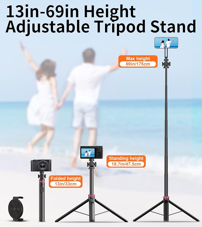69" Magnetic Phone Tripod Stand Selfie Stick with Remote & Phone Mount | Portable Stand holder Rechargeable with Tripod Leg，360°Rotatable Travel Tripod Compatible for iPhone/Android/Magsafe
