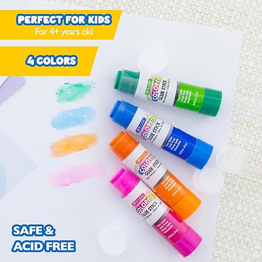 BAZIC Products Washable Colored Glue Stick 8g/0.28 Oz, All Purpose Acid Glue Sticks for Kids Photos Paper Kids at School Home Office (4/Pack), 144-Pack