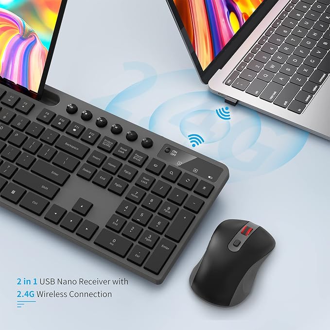 Wireless Keyboard and Mouse Combo, MARVO 2.4G Ergonomic Wireless Computer Keyboard with Phone Tablet Holder, Silent Mouse with 6 Button, Compatible with MacBook, Windows (Grey)