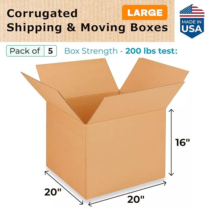 Extra Large Shipping & Moving Boxes 20 x 20 x 16 inches (5-Pack) - Extra Strength 200 lb vs Regular - USA-Made Corrugated Shipping Box - Heavy Duty Shipping Box by IDL Packaging -