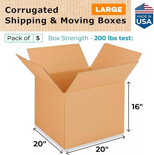 Extra Large Shipping & Moving Boxes 20 x 20 x 16 inches (5-Pack) - Extra Strength 200 lb vs Regular - Corrugated Shipping Box, Made in USA - Heavy Duty Shipping Box by IDL Packaging, brown | Extra Strength 200 lb vs Regular - Corrugated Shipping Box - ...