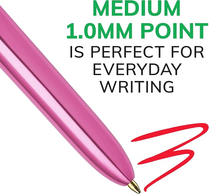 BIC 4 Color Shine Retractable Ballpoint Pen, 1.0 mm Point, 3-Count Assorted | Wide Barrel for Comfort, Pink Metallic Barrels, Smooth Writing Experience, Long-Lasting Ink Supply, Assorted Ink Colors