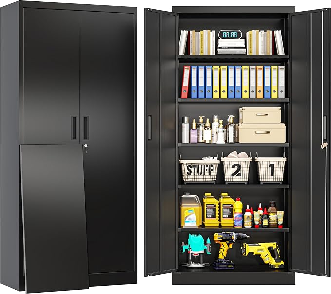 BESFUR Metal Storage Cabinet, 71" H Locking Storage Cabinet with 5 Adjustable Shelves, Metal Cabinets for Garage, Office, Home, Classroom- Black