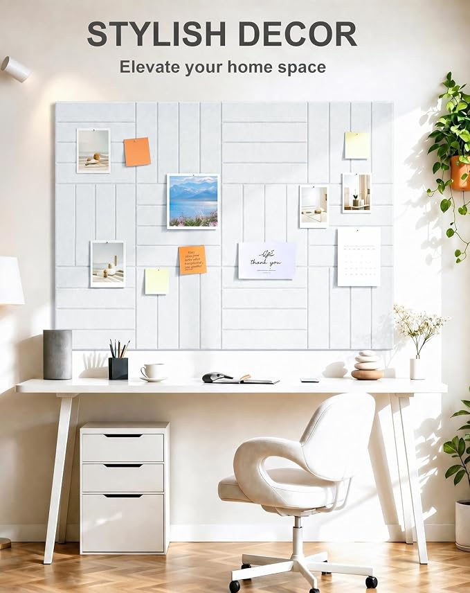0.47" Thick Felt Wall Tiles 48"x36" Cork Board Alternative 12 Pack 11.81"x11.81"Felt Bulletin Board Pin Board with Removable Adhesive Tape&60 Pushpins for Home Office School(Bold-White)