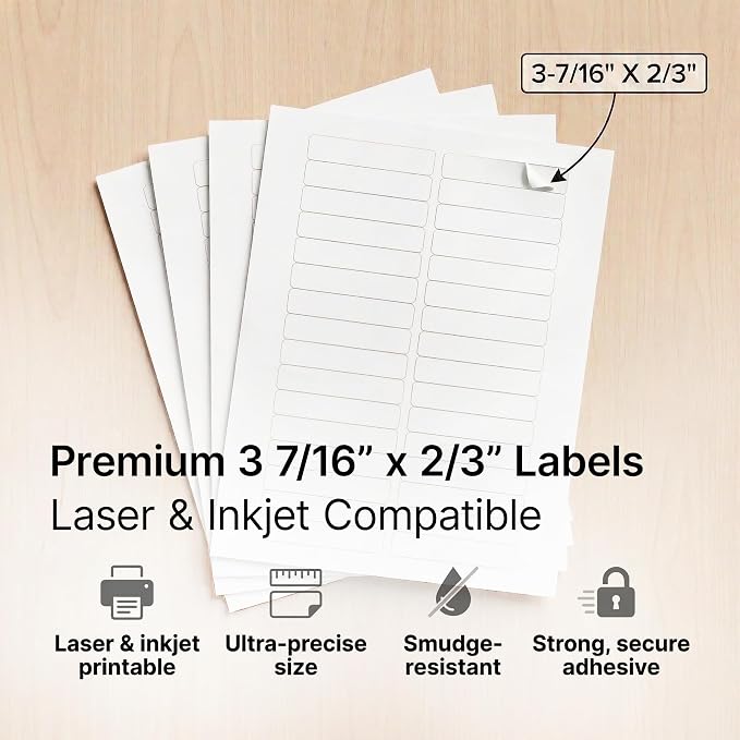 3 7/16" X 2/3" Matte White Printable Labels (250 Sheets, 7500 Stickers) | File Folder, Address, Mailing Labels for Laser & Inkjet Printers - Spartan Industrial Template R012