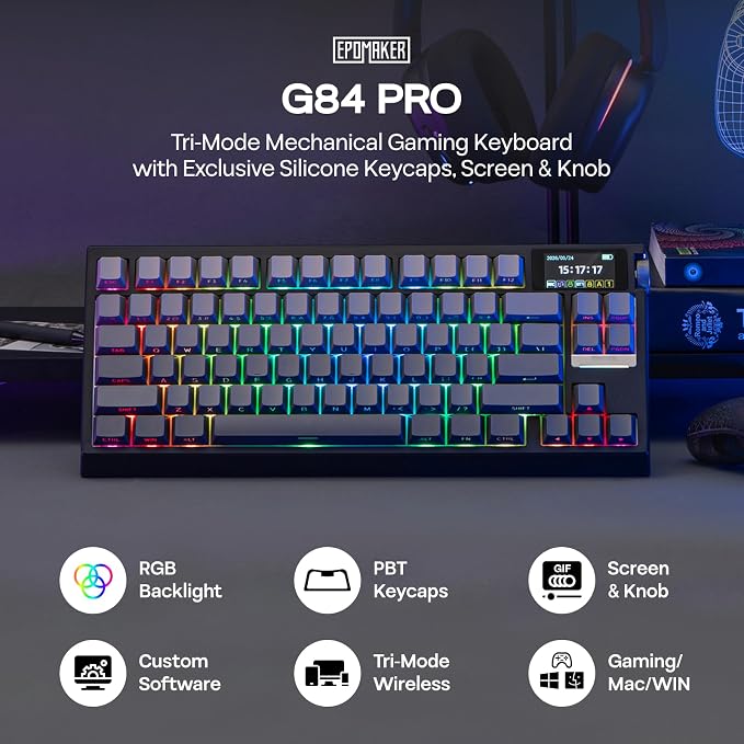 EPOMAKER G84 PRO Wireless Gaming Keyboard w/Screen&Knob, Shine Through | 8000mAh, Hot-Swap, BT5.0/2.4G/USB-C Mode, RGB, 75% Creamy Mechanical Keyboard for Gamers/Office (Black, Creamy Jade Switch)