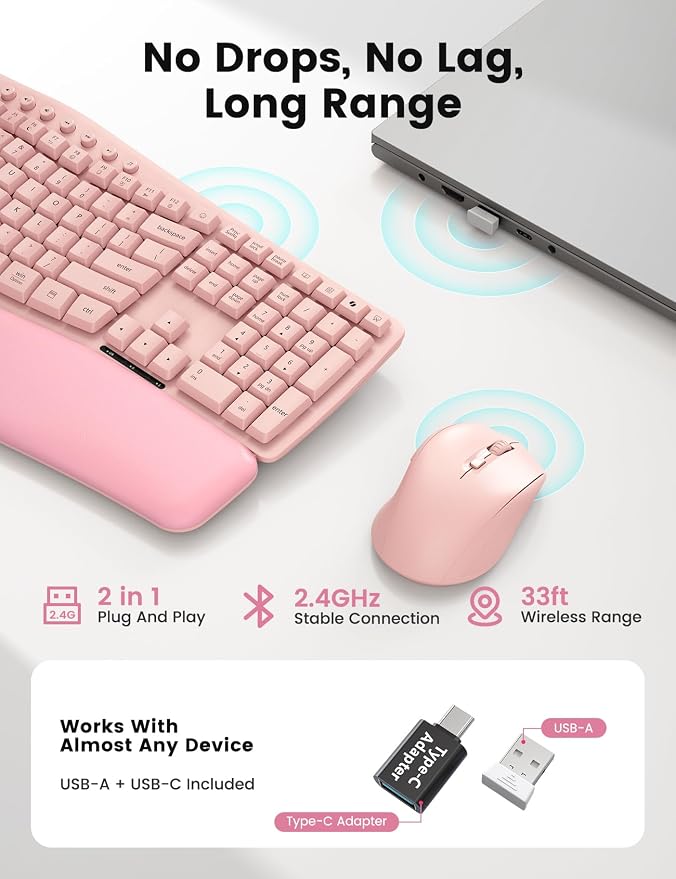 Pink Wireless Keyboard and Mouse Combo, Ergonomic Wave, 30dB Quiet, MA41